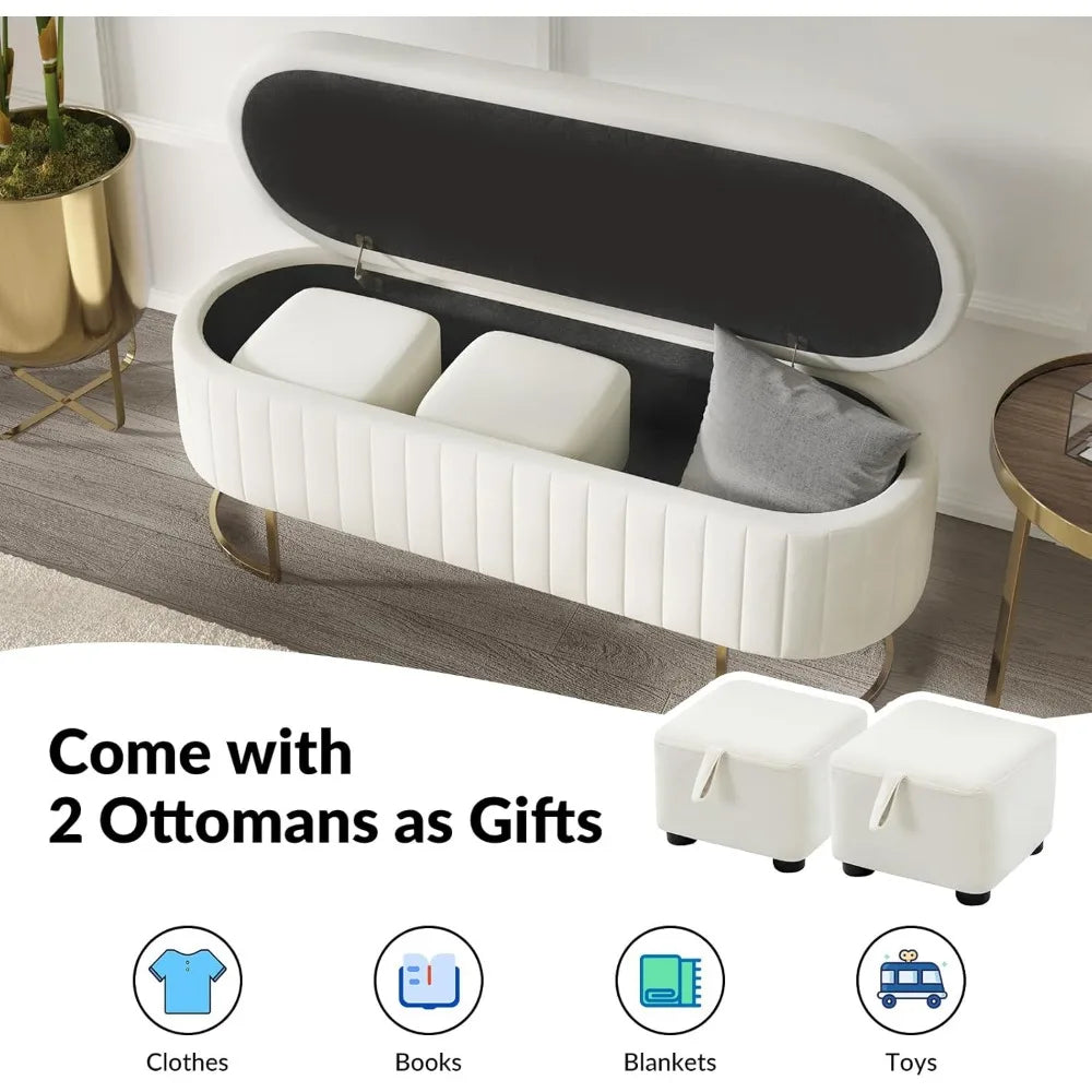 50" Storage Ottoman Bench with 2 Additional Ottomans, End of Bed Bench Bedroom Bench, Upholstered Velvet Long Window Bench with