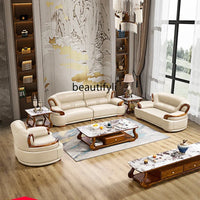 A38 Leather Sofa Luxury Villa Living Room New Chinese Style First Layer Cowhide European Solid Wood Home