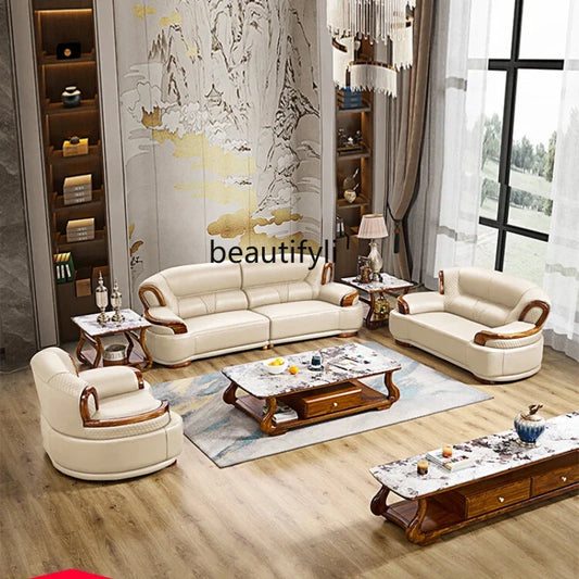 A38 Leather Sofa Luxury Villa Living Room New Chinese Style First Layer Cowhide European Solid Wood Home