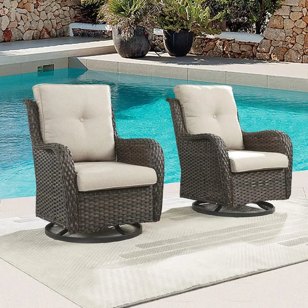 Swivel Wicker Rocking Chair with Cushion, High Back for Outdoor Patio, Brown/Beige