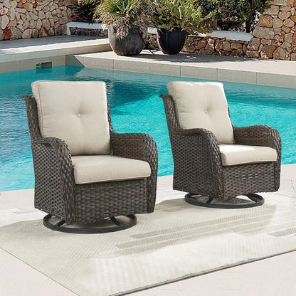 Swivel Wicker Rocking Chair with Cushion, High Back for Outdoor Patio, Brown/Beige