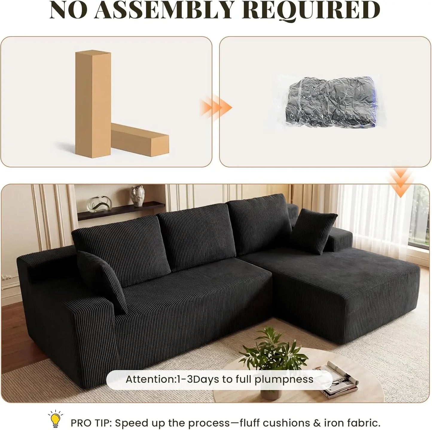 Modular L Shaped Couch for Living Room, Deep Seat Sectional Sofa with Chaise, Memory Foam, No Assembly, Black