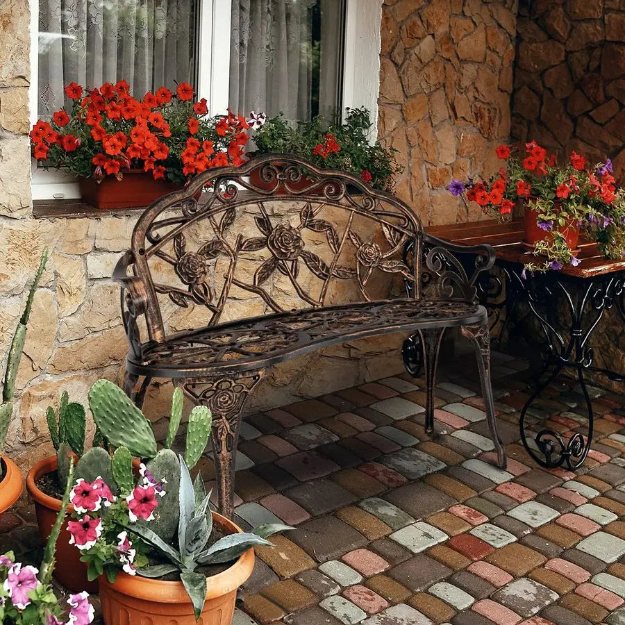 VINGLI 38.5 Patio Park Garden Outdoor Metal Rose Bench,Cast Iron Cast Aluminium Frame Antique Finish Chair,Accented Lawn Front