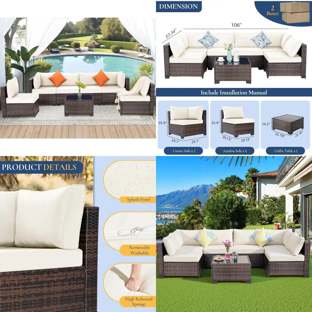 outdoor patio furniture set: 7-piece wicker modular conversation sectional sofa with cushions and coffee table