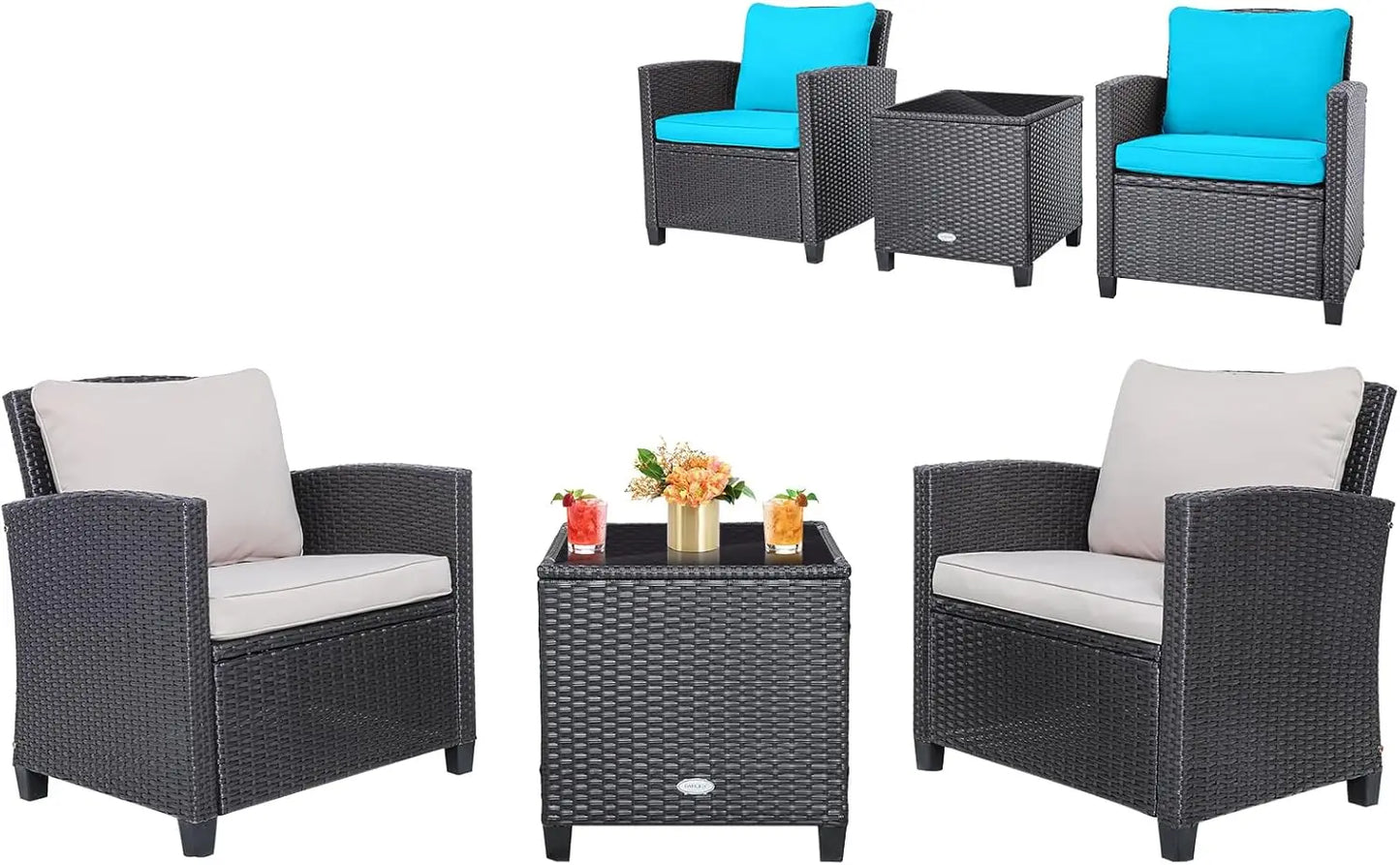 3 Pieces Patio Furniture Set, PE Rattan Wicker 3 Pcs Outdoor Sofa Set w/Washable Cushion and Tempered Glass Tabletop,Garden Sofa