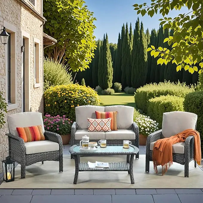 Wicker Patio Furniture - All-Weather PE Wicker Outdoor Conversation Bistro Set Loveseat Chairs with Table,Outdoor Rattan Sofa