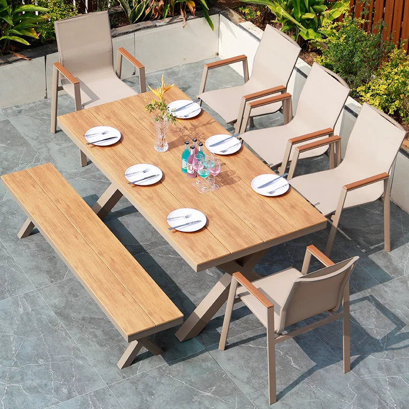 #Modern Outdoor Aluminum Chair Wood Metal Frame Villa Patio Garden Table Chair Set For Dining Courtyard Leisure