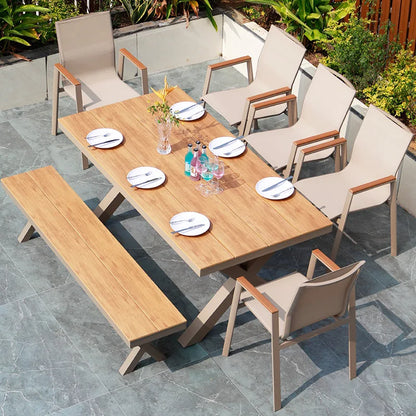 #Modern Outdoor Aluminum Chair Wood Metal Frame Villa Patio Garden Table Chair Set For Dining Courtyard Leisure