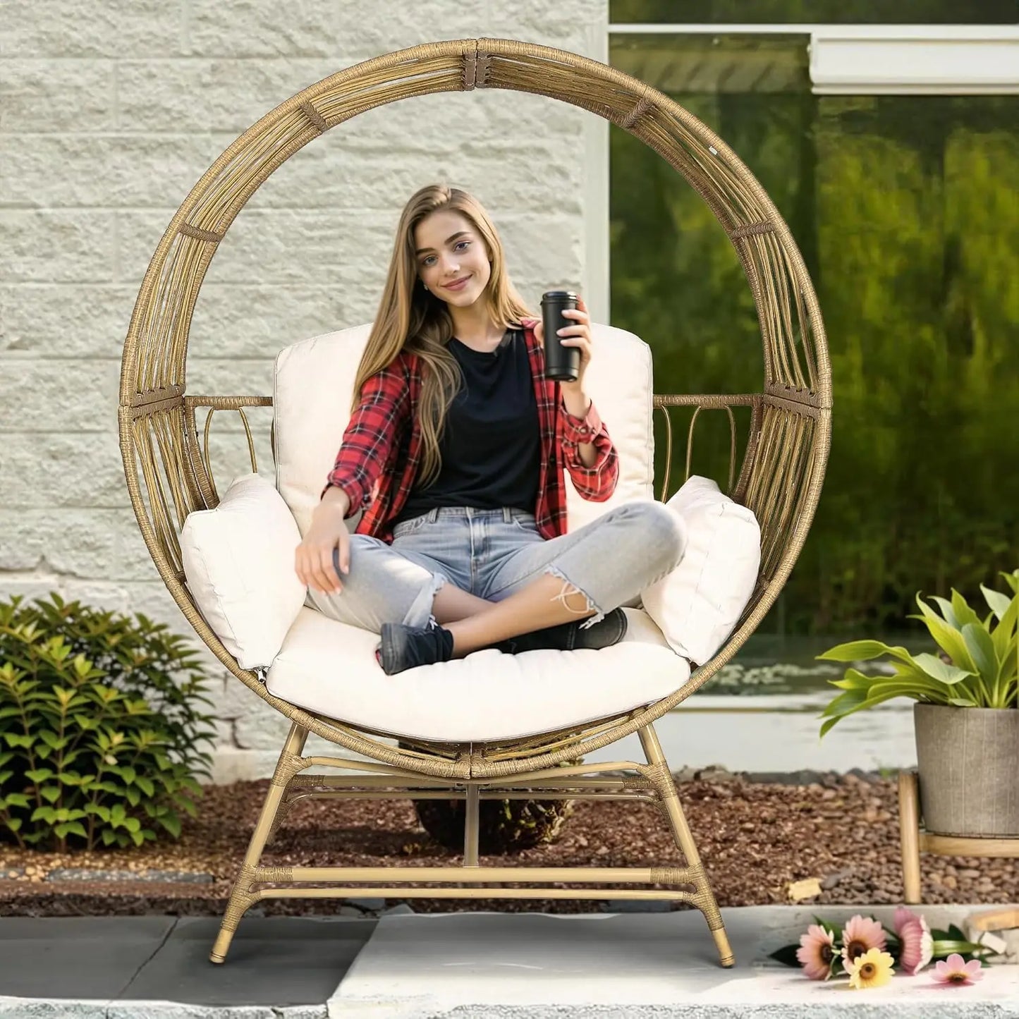 Egg Chair Outdoor Indoor, Oversized Rattan Chair with Thicken Cushion, 510LBS Capacity Wicker Patio Lounge Chair