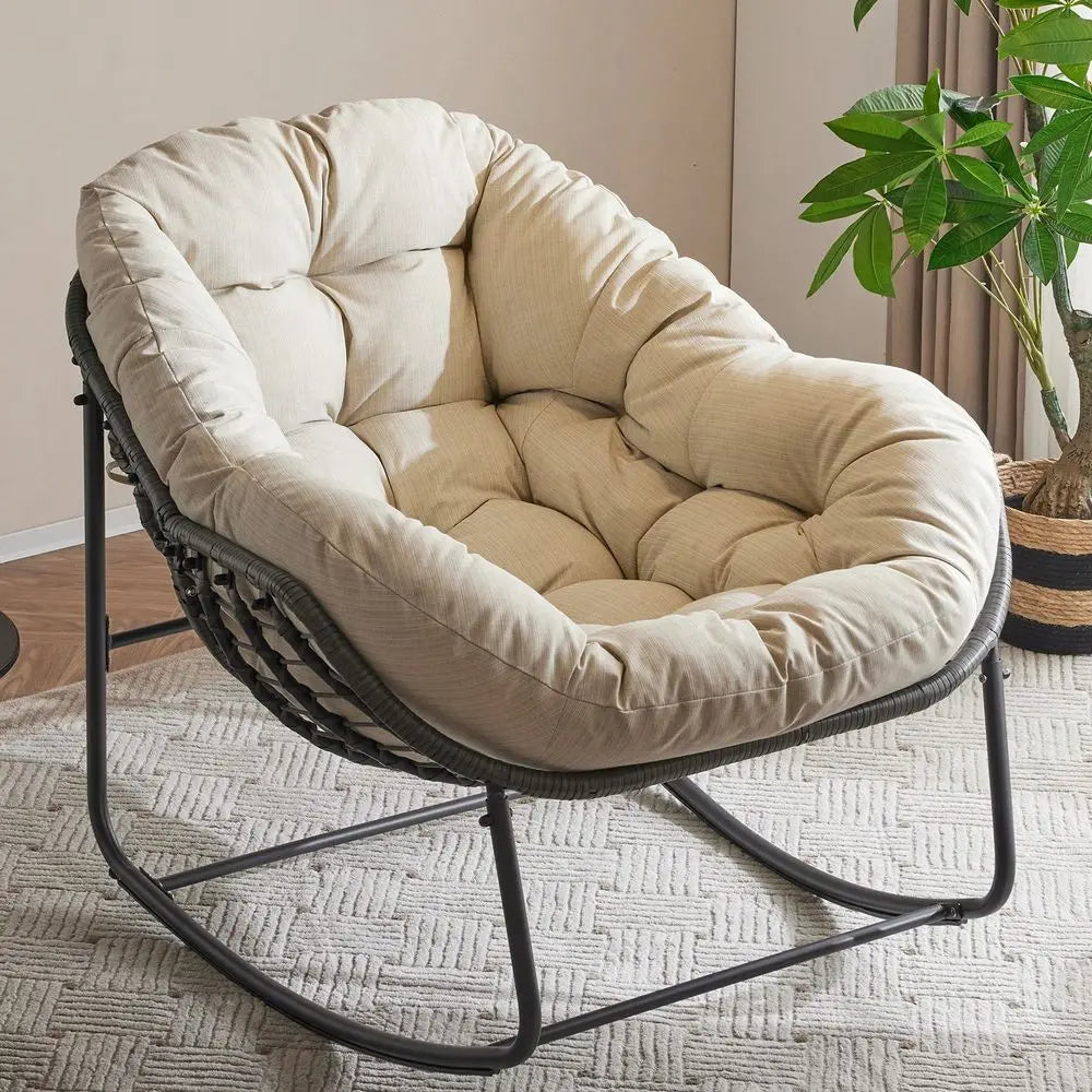 Rocking Chair With Padded Cushion Indoor Outdoor Comfy Papasan Rocker Chair With Upgraded Steel Frame Oversized Rattan EggShaped