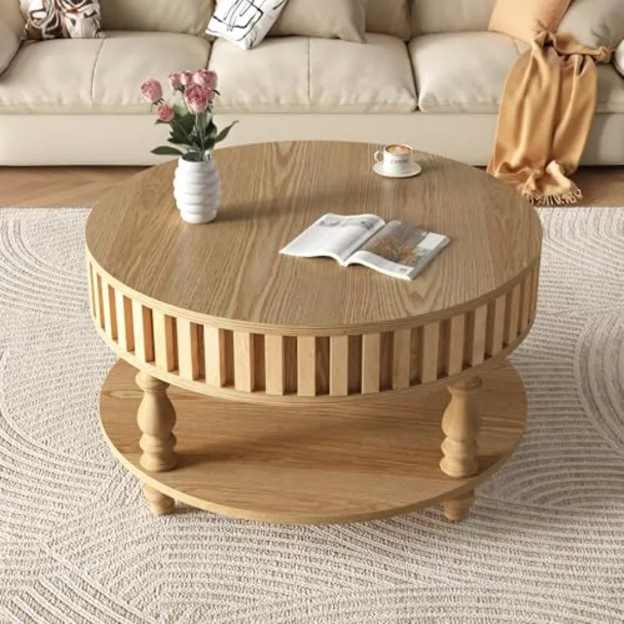 31.49'' Round Wood Coffee Table with Storage 2-Tier Circle Fluted Coffee Table Natural Rustic Center Table with Lid Shelf for L