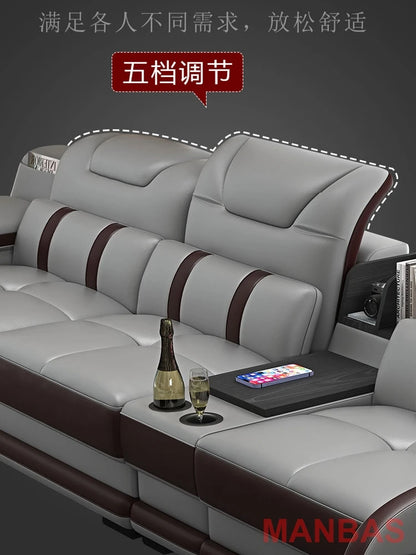 Italy Genuine Leather Sectional Sofa with Bluetooth Speaker,Functional Headrest,Massage Chaise | L Shape Corner Couch