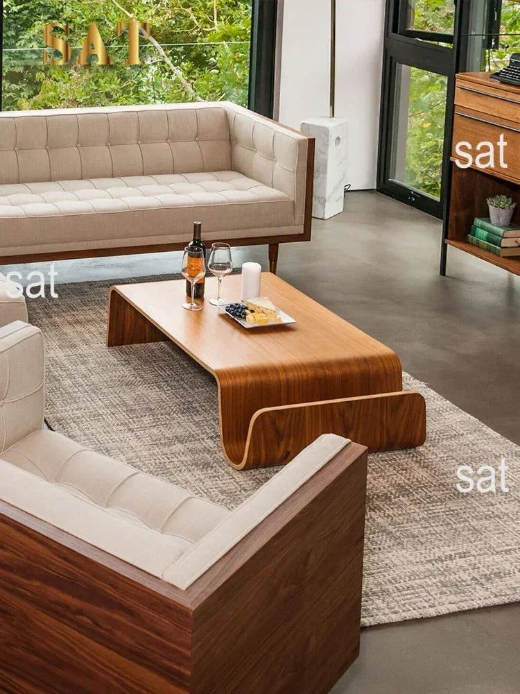 Living Room Simple Japanese N-shaped Curved Wood Tatami Solid Wood Coffee Table, Storage Large N-shaped Sofa Side Table
