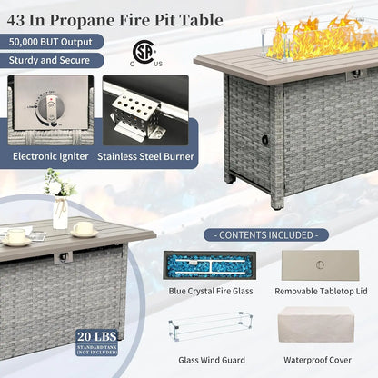 Patio Furniture Set 6 Piece PE Rattan Outdoor Conversation Sets Grey Wicker Couch Sectional Sofa with Fire Pit Table, Custom