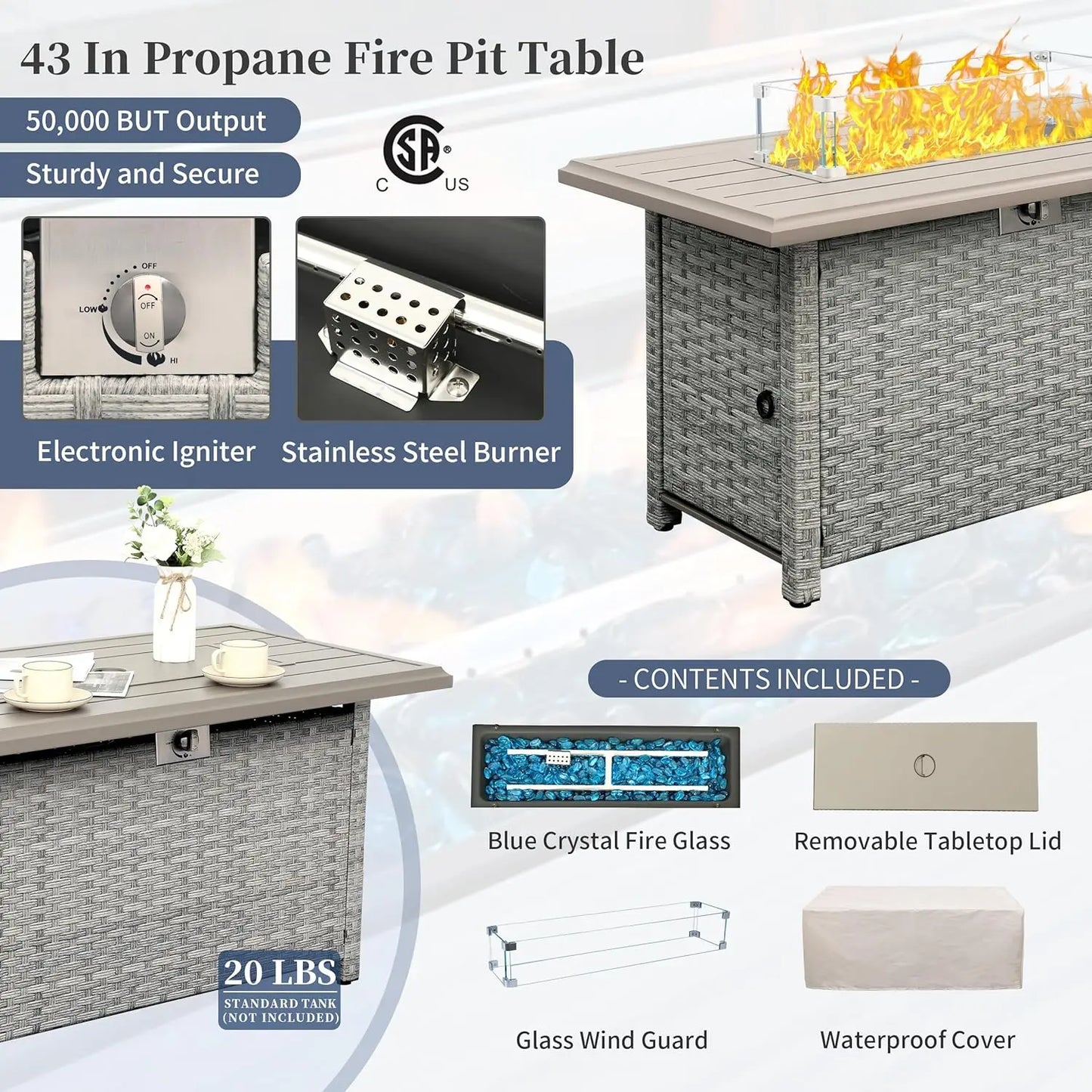 Patio Furniture Set 6 Piece PE Rattan Outdoor Conversation Sets Grey Wicker Couch Sectional Sofa with Fire Pit Table, Custom