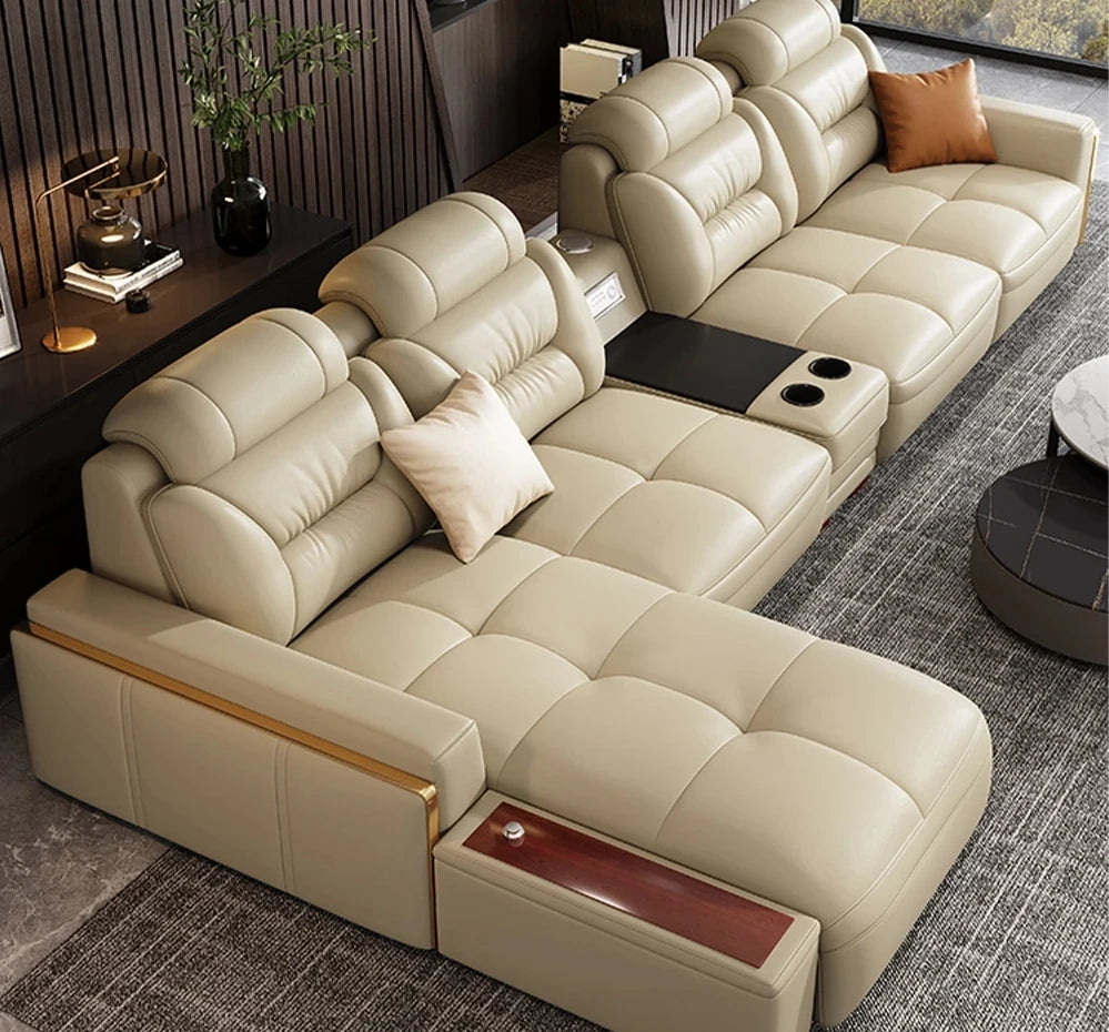 Premium  Italian Genuine Leather Sectional Sofa Sets Couch Sofas with USB and Bluetooth Speaker