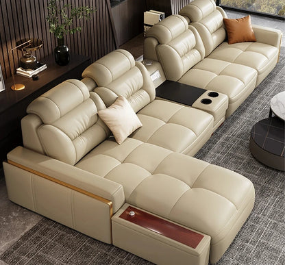 Premium  Italian Genuine Leather Sectional Sofa Sets Couch Sofas with USB and Bluetooth Speaker