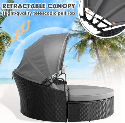 Outdoor Patio Round Daybed with Retractable Canopy, Wicker Furniture Clamshell Sectional Seating with Washable Cushions
