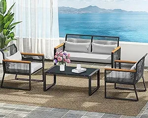 4-Piece Patio Furniture Wicker Outdoor Bistro Set, All Weather Rattan Loveseat Gray Rope Conversation Sets with Soft Cushions a