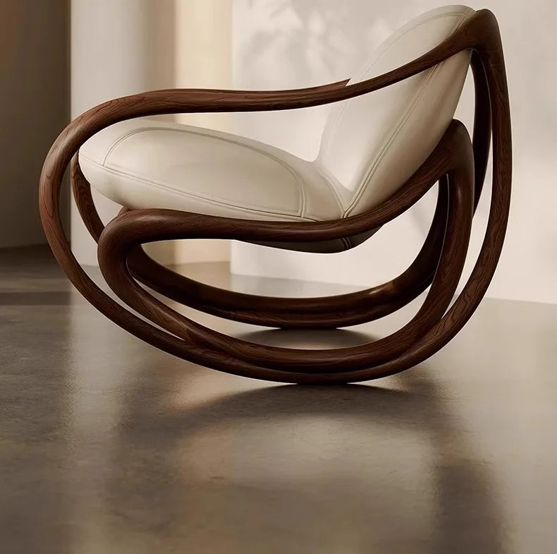 Italian leather sofa, solid wood black walnut balcony, leisure lounge chair, living room rocking chair