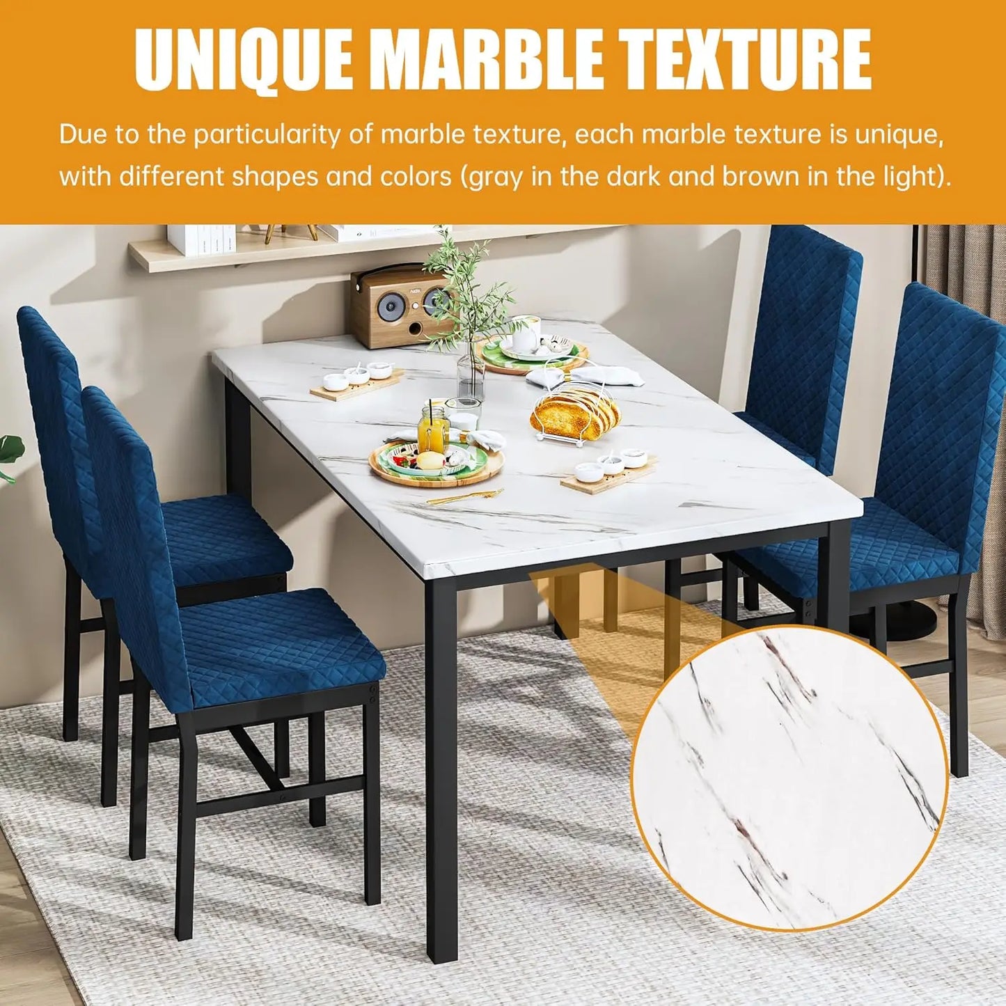 Dining Table Set for 4 Kitchen Table and Chairs Set of 4 Faux Marble Kitchen and Dining with Velvet Upholstered Dinner Chairs