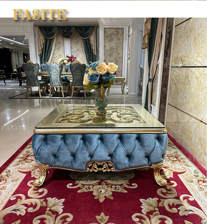 French solid wood square table European luxury square large coffee table tempered glass