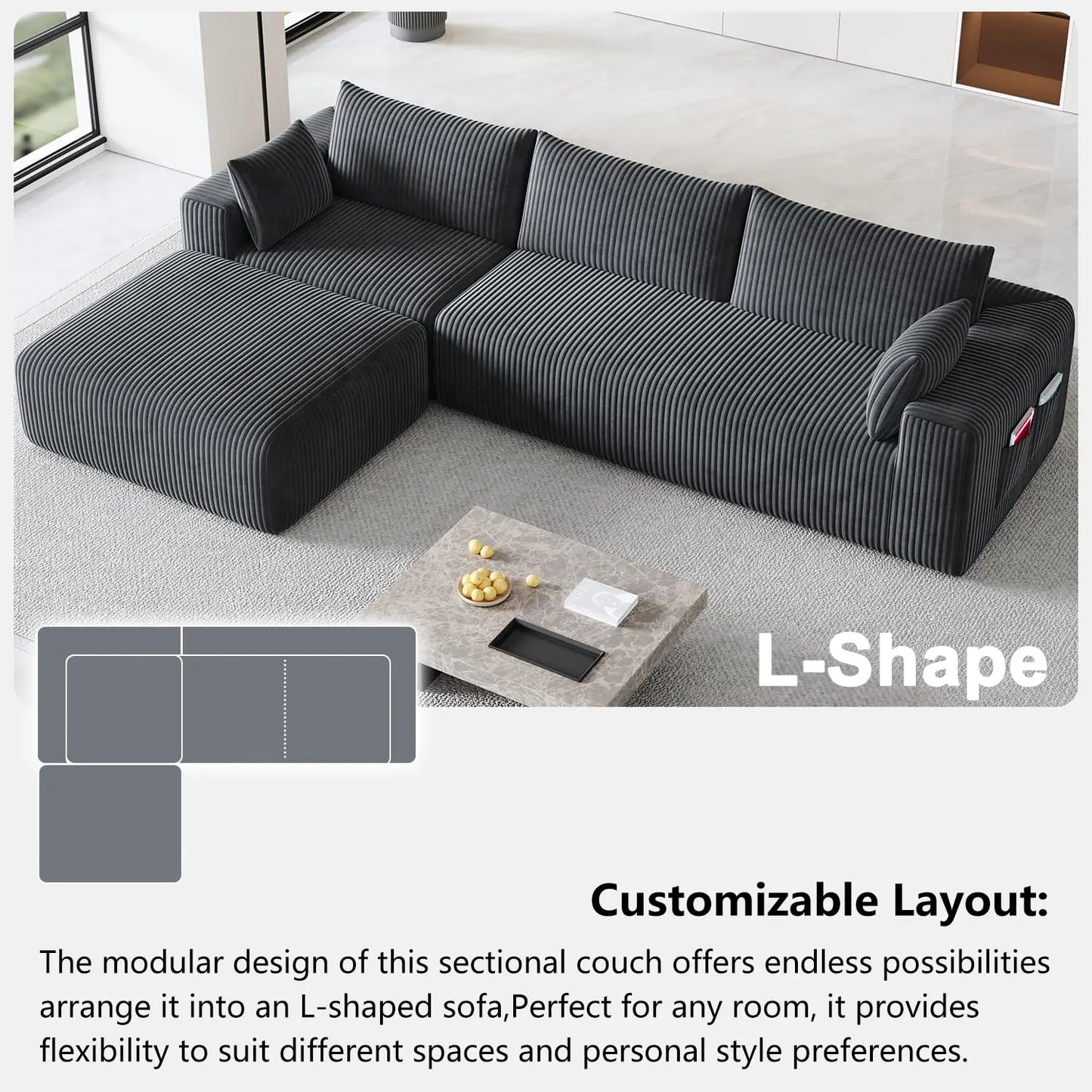 Customized 108" Cloud Modular Sofa, L Shaped Boneless Deep Seat Chaise No Assembly