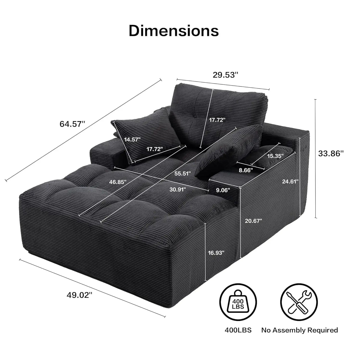 50" Oversized Boneless Chaise Lounge Chair Indoor, Plush Faux Fur Cloud Sofa Couch with Pillows, No Assembly Deep, Customized