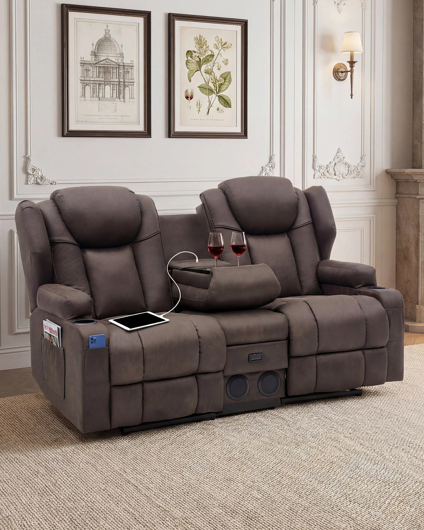 Redlife Loveseat Recliner Sofa with Console,Manual Pull Reclining Couch,Heating & Massage,USB & Power Outlet,Home Theater&RV