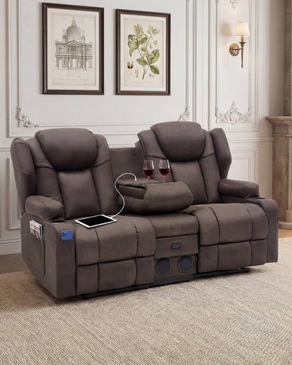 Redlife Loveseat Recliner Sofa with Console,Manual Pull Reclining Couch,Heating & Massage,USB & Power Outlet,Home Theater&RV