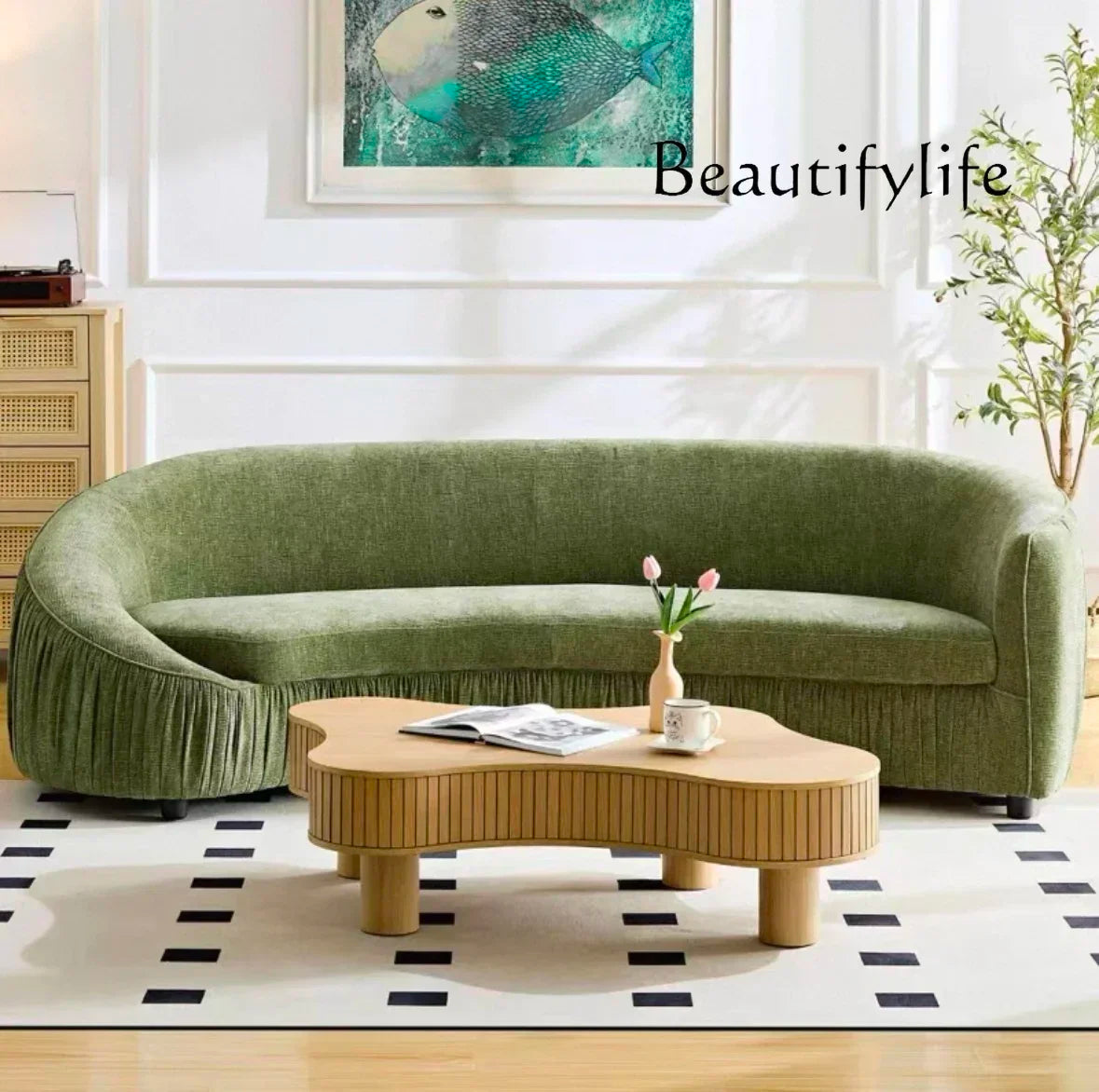 gW Nordic modern minimalist chenille cloth sofa hotel pleated curved large flat multi-person sofa