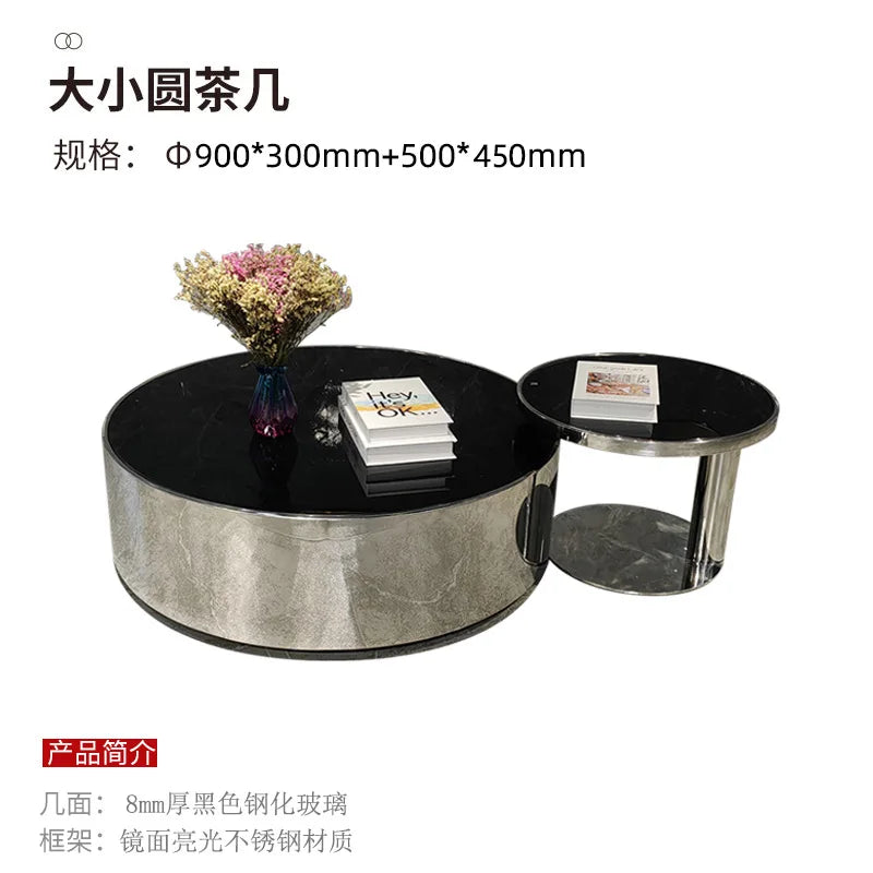 Italian mirror coffee table stainless steel small apartment tempered glass round combination design sense living room home