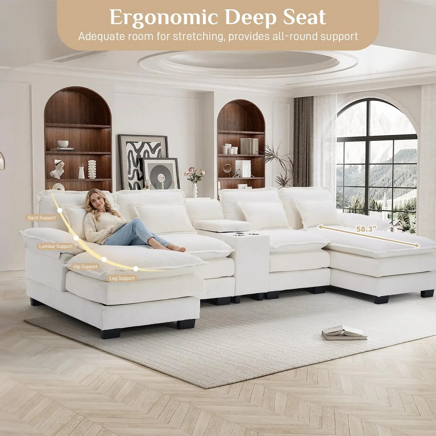 U Shaped Sectional Sofa 133" Modular Fluffy Chenille Double Chaise Lounge Central Console USB Port Living Room White Customized
