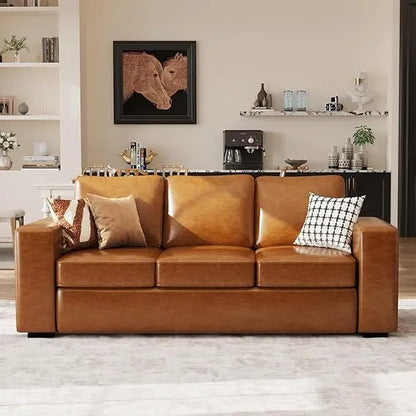 Brown Faux Leather 3-Seater Sofa for Living Room and Office, Modern Comfortable Couch for Apartments