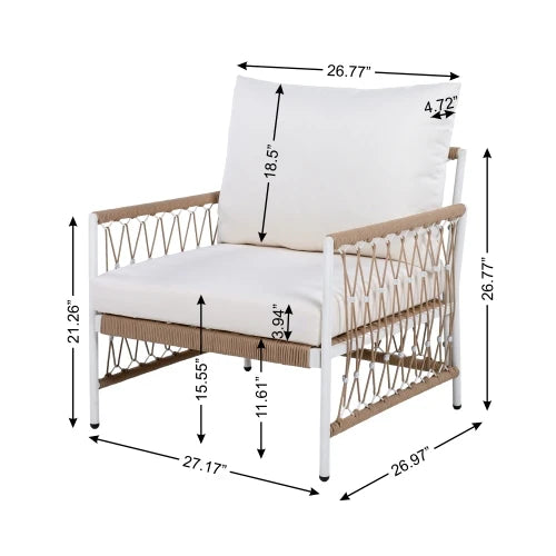[Set of 2] Bohemian Outdoor Lounge Chair with Handwoven Rope & Powder-Coated Steel Frame, Waterproof Cushions