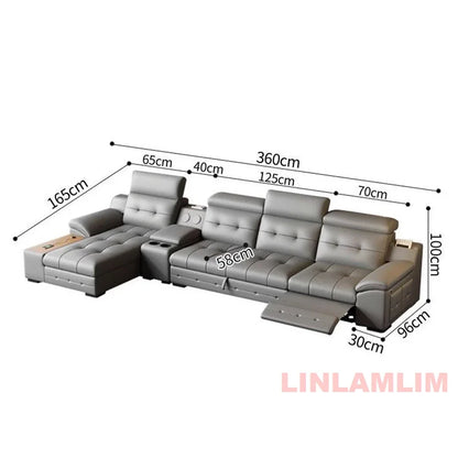 Electric Reclining Sectional Sofa Bed with Cup Holder & Adjustable Headrests – Italian Genuine Leather Convertible Sleeper Couch