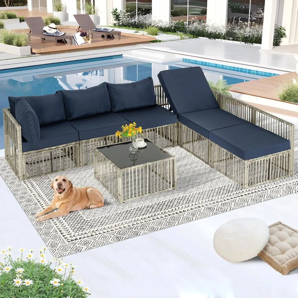7 Pieces Outdoor Patio Furniture Set, Wicker Outdoor Sectional Conversation Couch Set with Adjustable Backrest Sofa