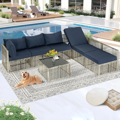 7 Pieces Outdoor Patio Furniture Set, Wicker Outdoor Sectional Conversation Couch Set with Adjustable Backrest Sofa