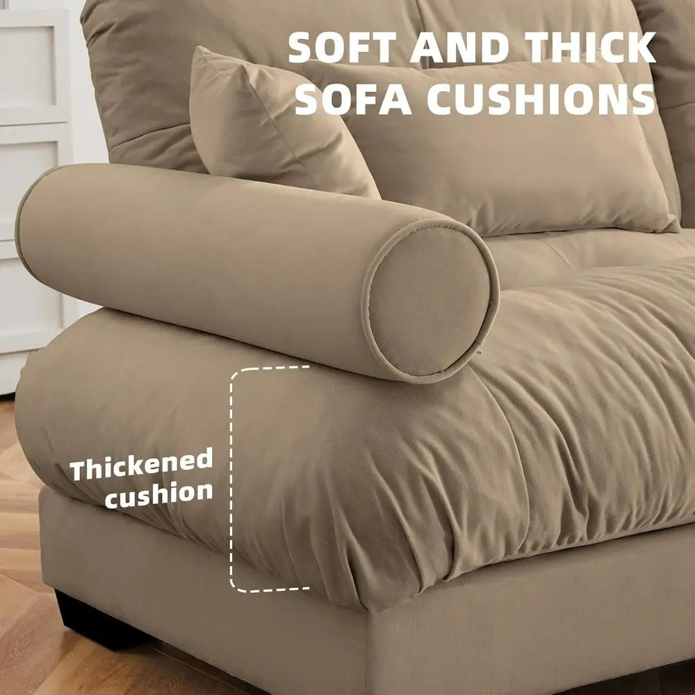 Camel Velvet 3-Seat Cloud Sectional Sofa with Ottoman, 130 L-Shaped Couch for Family Living Room, Pet-Friendly, Deep Seating, Hi