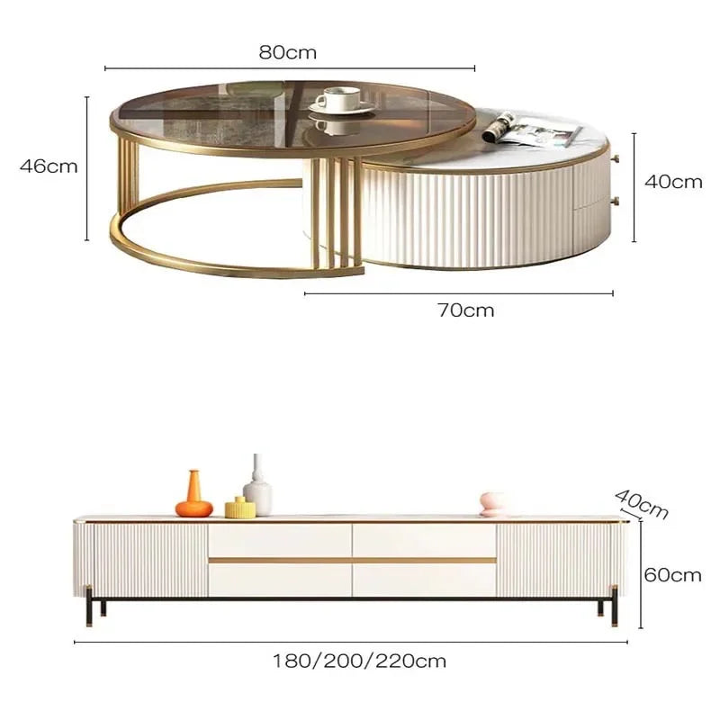 l # Modern Living Room Furniture Gold Base Stainless Steel Coffee Table White Stone Two Pieces Round Coffee Table And Tv Stand