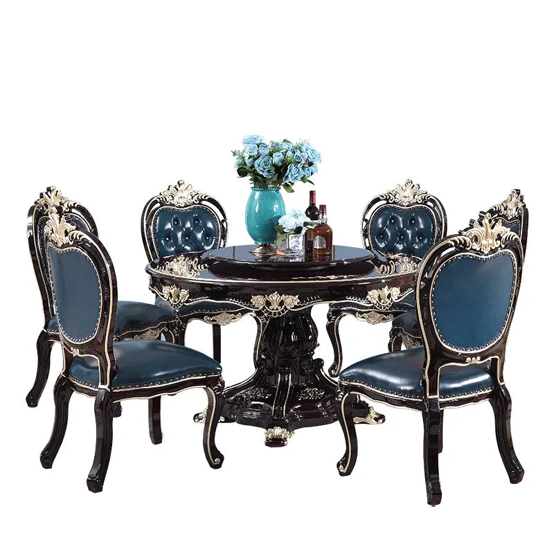 European round dining table and chair combination neoclassical American solid wood high-end leather dining chair piano paint