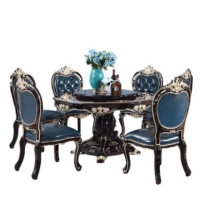 European round dining table and chair combination neoclassical American solid wood high-end leather dining chair piano paint