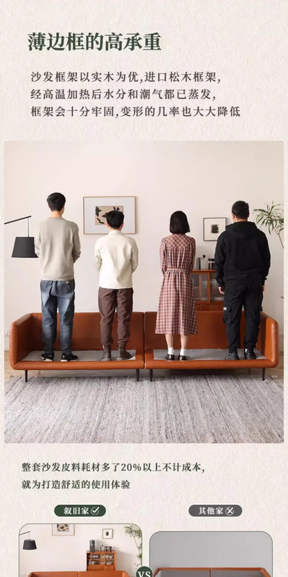 Retro oil wax leather sofa down large living room Nordic simple medium and ancient style straight row leather art sofa