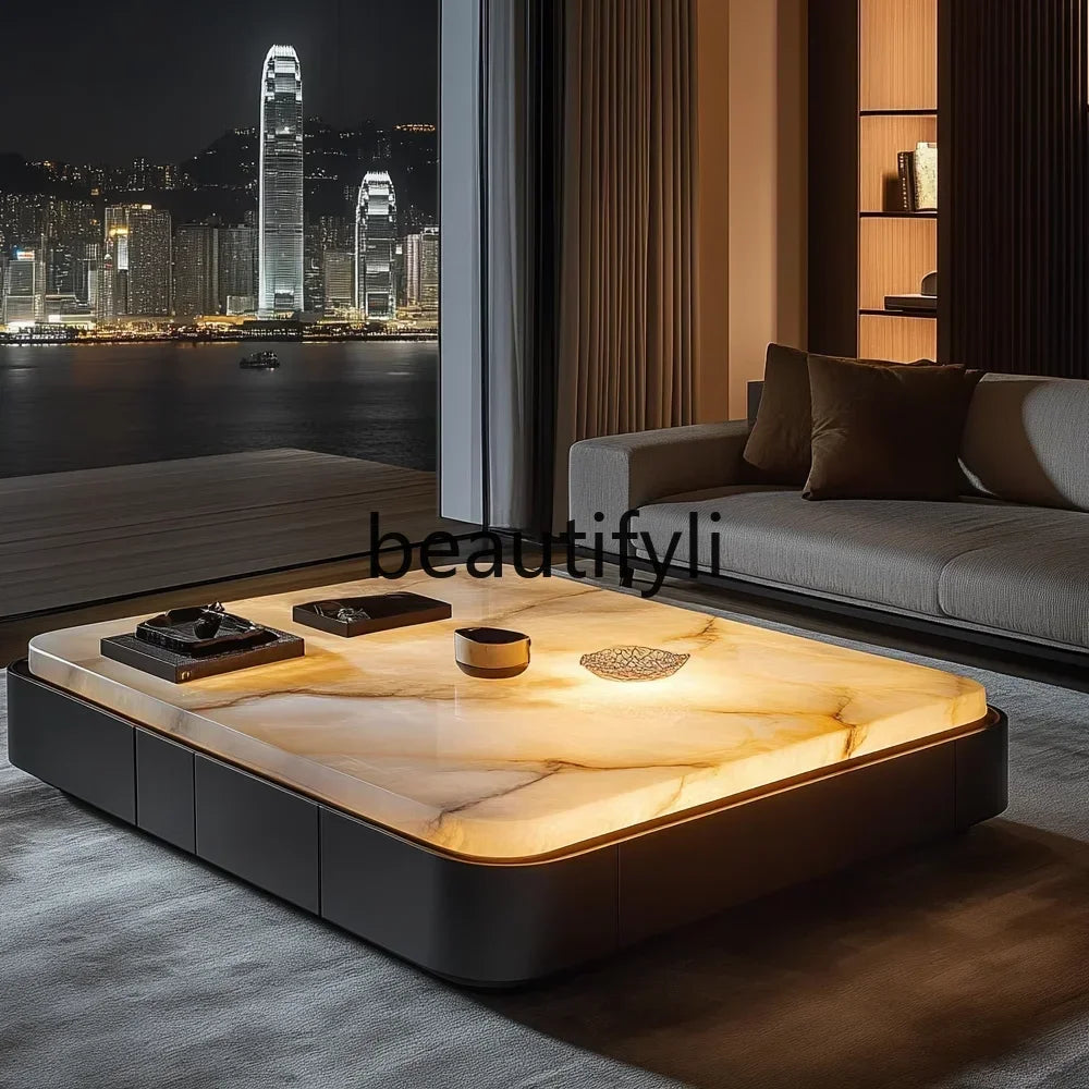 Square luxury stone leather luminous jade coffee table large flat-floor villa living room modern marble