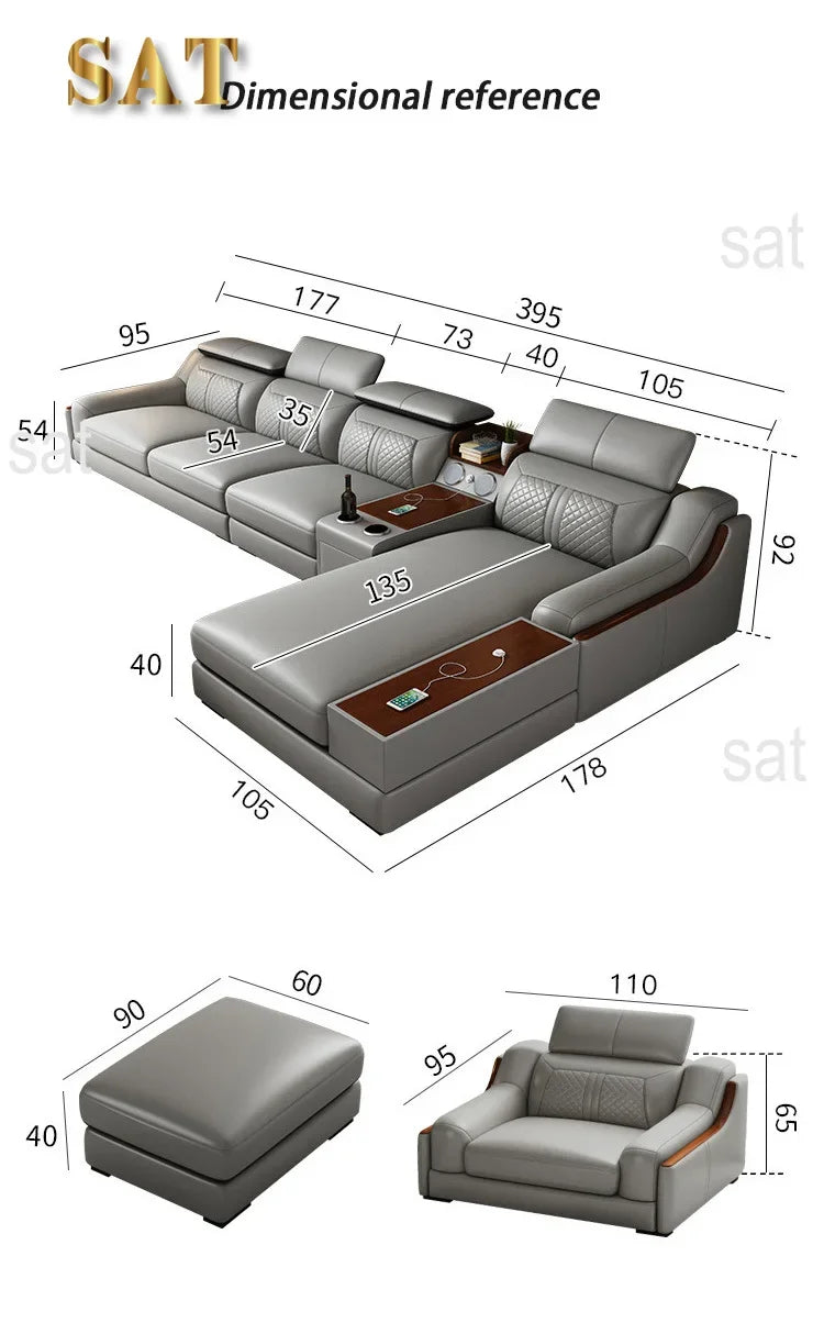 -Italian modern multifunctional sofa light luxury Faux Leather sectional sofa couch with USB charging and bluetooth speaker