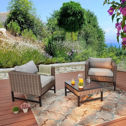 3 Pieces Outdoor Patio Balcony Furniture Rattan Conversation Set Wicker Chairs with Square Table, Brown