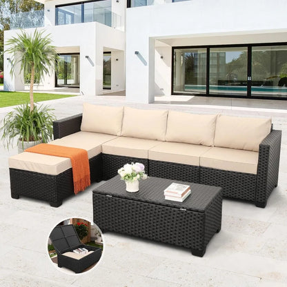 Outdoor Sectional Wicker Patio Furniture Long Patio Couch with Ottoman and Outdoor Storage Table 4 Pieces Patio Furniture Set