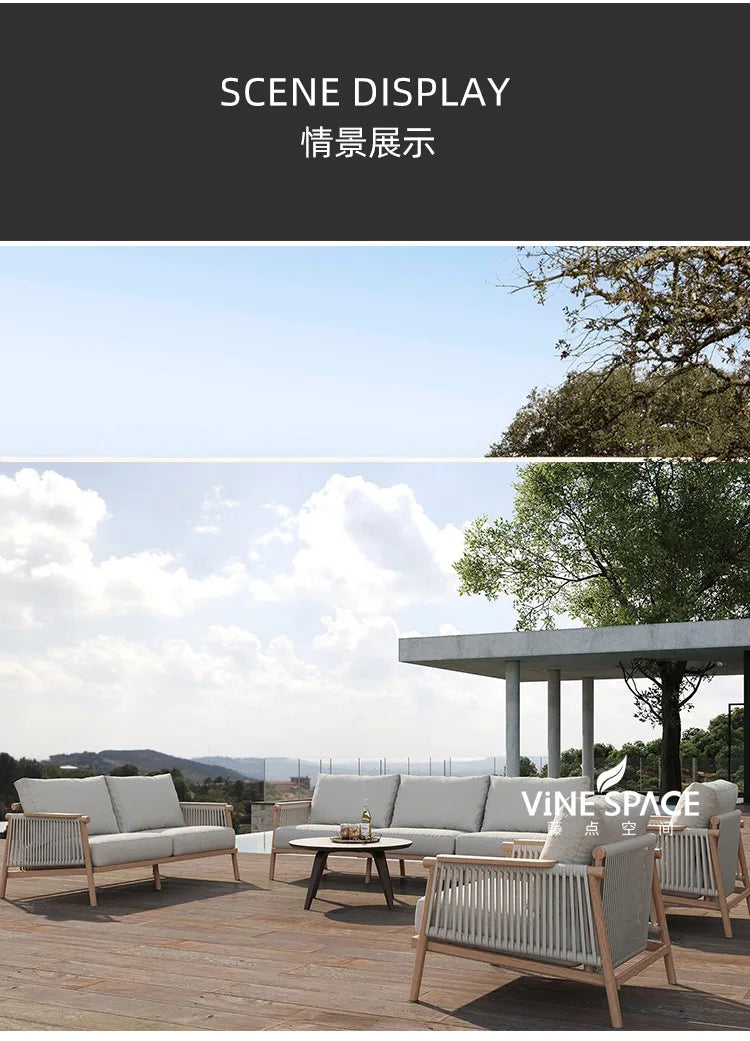Outdoor sofa courtyard open-air garden villa waterproof and sunscreen leisure rope braided teak outdoor bed and breakfast sofa