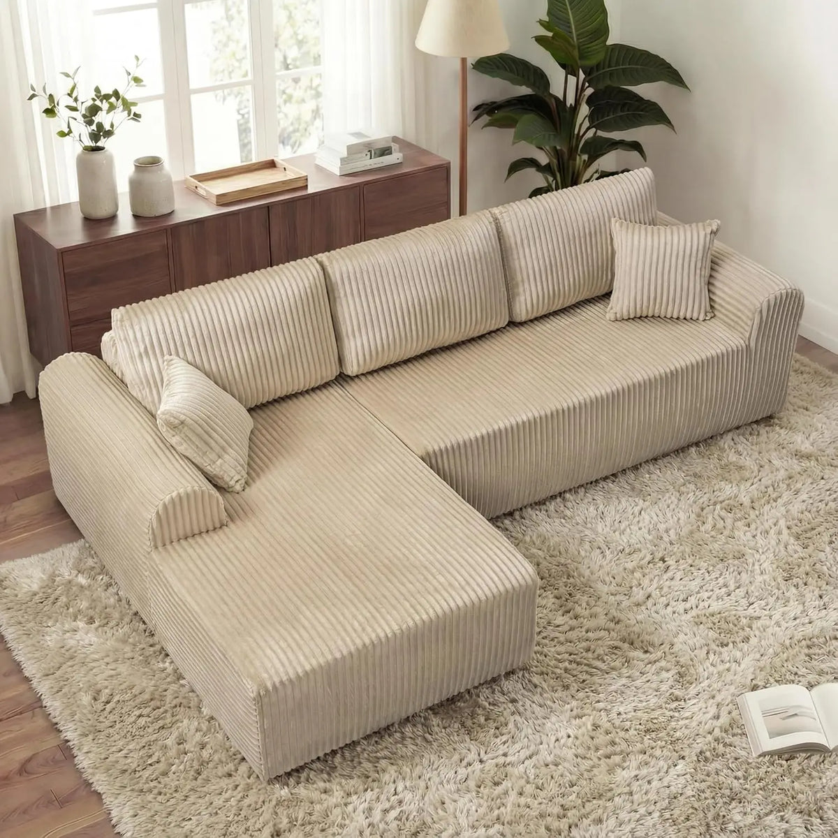 109“L-Shaped Sectional Sofa Boneless Couch Upholstery Cloud Modular Couch with Chaise No Assembly Required Corduroy Fabric Combi