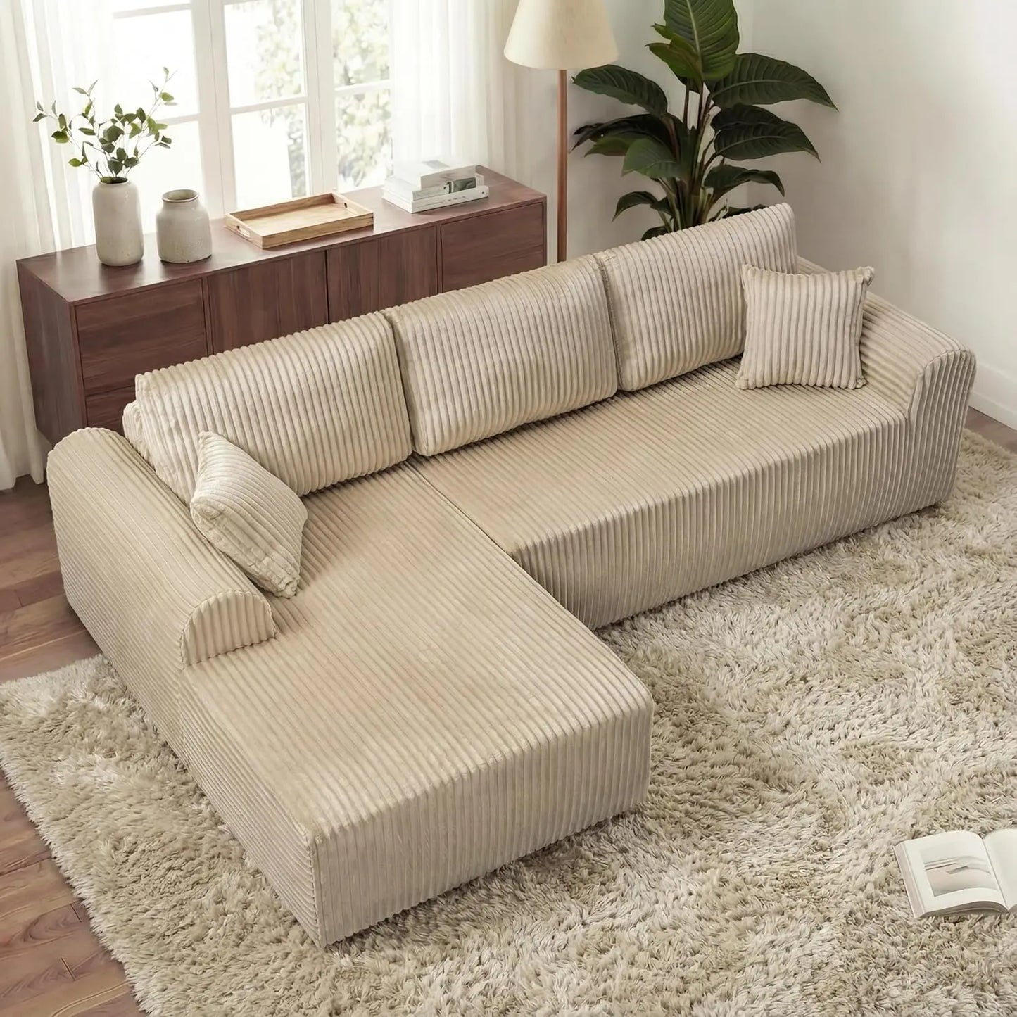 109“L-Shaped Sectional Sofa Boneless Couch Upholstery Cloud Modular Couch with Chaise No Assembly Required Corduroy Fabric Combi
